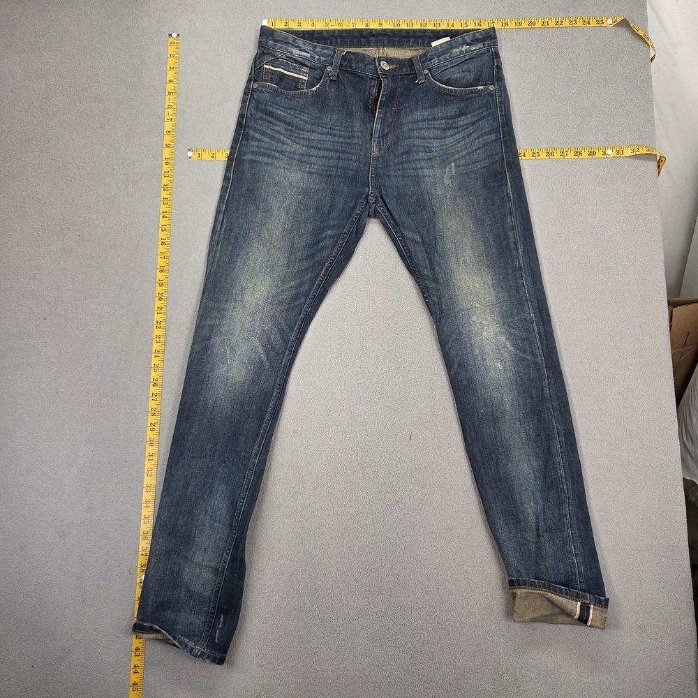 Selvedge Jeans Mens Blue Stretch Denim Tapered Zip Fly Faint Stains Fits 34x32